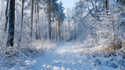 A tranquil winter landscape featuring a snow-covered forest path during a bright and clear day
