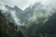 © ylivdesign - Tranquil and serene misty mountain landscape with lush greenery and majestic peaks