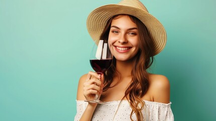 Wall Mural - Smiling_young_woman_in_straw_hat_holding_a_glass_of_red_wine_in_her_hand_generative_ai_high_quality_image