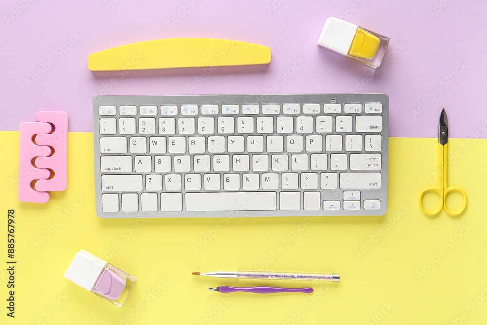 Composition with keyboard, nail polishes and tools for manicure on color background