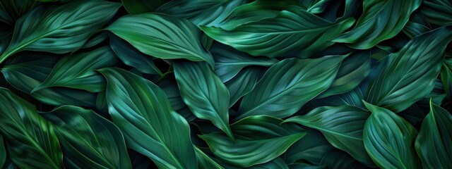 A close up of green leaves with a wet look. The leaves are arranged in a way that creates a sense of depth and texture. The image conveys a feeling of freshness and vitality