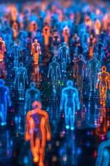 Wall Mural - Crowd of Glowing Digital Human Figures, Artificial Intelligence And Big Data Concept.