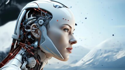 Poster - close up view of futuristic female robot looking at camera in neon light
