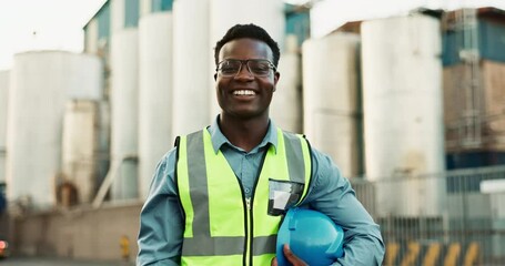 Poster - Man, face and engineering with hard hat at construction site or contractor project, architecture or quality control. Black person, portrait and smile or helmet for development, management or building