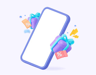 Wall Mural - 3D mockup of a mobile phone with coupons and gifts. Creative concept of online bargain shopping. 3d vector illustration.