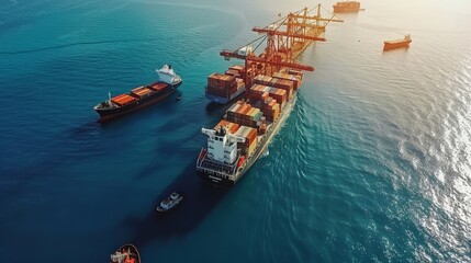 Wall Mural - Aerial View Of Cargo Ship, Container Ships, And Tugboat In Sea With Working Cranes At Sunny Day