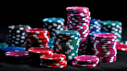 A high-resolution photograph of poker chips, stacked in colorful piles, vibrant colors, dynamic composition, chips reflecting light