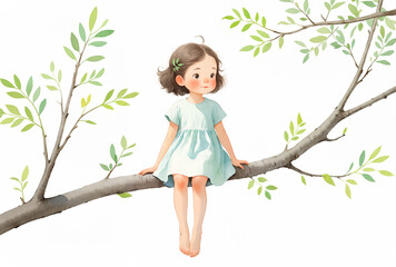 A digital illustration of a young girl sitting on a tree branch with green leaves. The girl is wearing a light blue dress and has short brown hair - White background - Generative AI