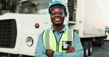 Canvas Print - Man, face and truck for logistics with arms crossed, smile or pride for delivery in commercial shipping. African person, driver and happy by freight lorry in industry, supply chain or trailer in road