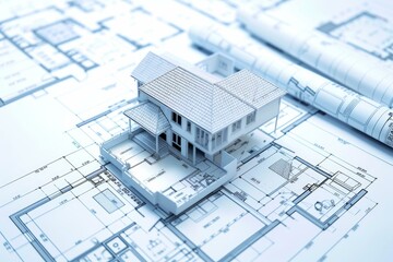 Poster - Detailed 3d scale model of a house sits atop blueprints, highlighting design precision