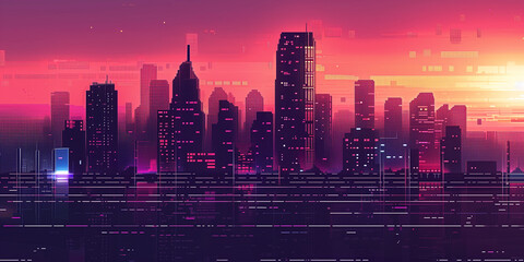 Wall Mural - Pixel art retro wave. panorama of big city. wide banner. Space for text. neon cyberpunk digital 8 16 32 64 bit painting. poster, flyer, banner, email, header, social media post. Generative Ai content