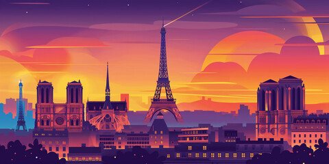 Poster - Paris skyline at sunset featuring notre dame cathedral and eiffel tower illustration