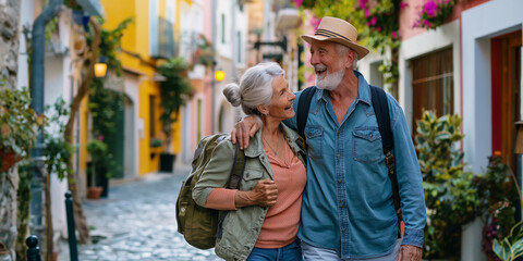 Happy senior tourist couple walking and having fun in typical italian street