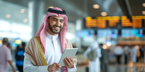 Arab businessman using tablet computer in busy airport terminal