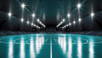 Poster - A basketball court with lights shining on it in a dark room, AI