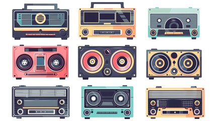 Set Retro Radio 90s music audio cassette. Collection of various vintage boombox audio tapes on white background. vector illustration