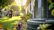 © khonkangrua - Close-up of an outdoor air conditioning unit with a blurred background of a backyard garden and people.