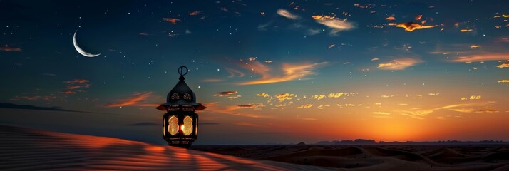 Enchanting Sahara lantern under crescent moon in desert Ideal for Ramadan or Eid Mubarak greeting