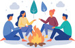 © Mustafa - Group of friends sitting around a campfire enjoying a relaxing outdoor conversation. Bright and colorful illustration depicting socializing, storytelling, and friendship in nature.
