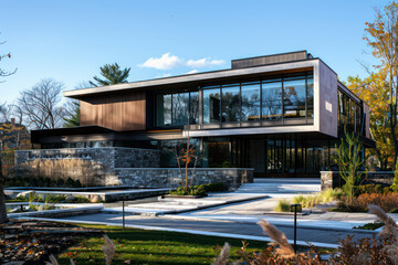 Wall Mural - abstract 3d render of a stair of  luxury new home construction shows the lines of shadow from the big  window reflexs the  big tree from outside 