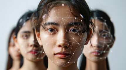 Poster - Facial recognition technology, Asian woman with data of AI biometric system, 3d digital scanning of young people and identification. Concept of background, verification, deepfake, face, science