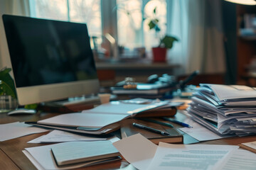 Pile of documents and stacks of paper, notebook on home office desk. Messy, cluttered workplace table