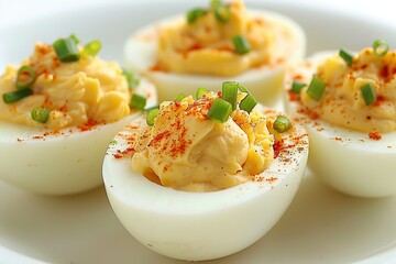 Close Up Four Delicious Deviled Eggs Garnished with Paprika and Chives, On a White Plate