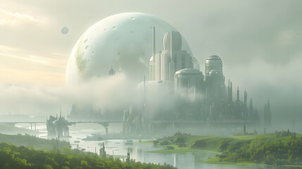  A futuristic solar planet with eco-friendly technologies and green landscapes