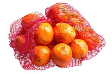 Wall Mural - A mesh bag filled with oranges placed on a white surface, great for still life photography or as a prop in various settings