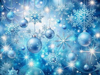 Sticker - Sparkling blue winter wonderland background adorned with delicate snowflakes and shiny ornaments, evoking a magical atmosphere of festive holiday cheer and winter magic.