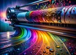 © Man888 - Vibrant colors explode on large format printer as inkjet heads methodically deposit droplets, crafting intricate design on massive roll of paper in dimly lit studio.
