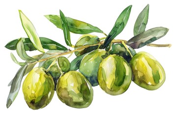 Wall Mural - A cluster of green and black olives hangs from a tree branch, with some leaves visible in the background