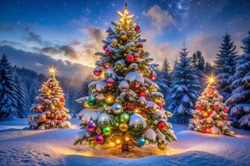 Poster - Vibrant Christmas tree stands tall in snowy winter wonderland, adorned with colorful ornaments and twinkling lights, exuding joyful holiday cheer and festive magic atmosphere.