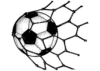 Wall Mural - soccer football ball in goal net sketch engraving PNG illustration. Scratch board imitation. Black and white hand drawn image.