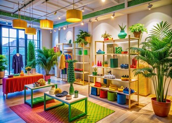 Vibrant colors and modern fixtures create an inviting atmosphere in this trendy pop-up store interior, showcasing playful product displays and stylish decor accents.