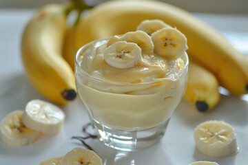 Poster - Creamy banana pudding topped with fresh banana slices is a refreshing dessert