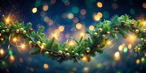 Poster - Vibrant bokeh lights and lush green Christmas garland swirl together in a mesmerizing dance against a dark blue background, evoking magical holiday cheer and wonder.