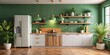 © Man888 - Modern minimalist kitchen with green accent wall and retro-style green refrigerator, featuring wooden countertop with sink, plain white cabinets, and potted plant, surrounded by kitchen utensils.