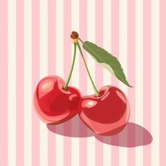 Wall Mural - Two red cherries on pink and white striped background.