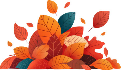 Wall Mural - Colorful autumn leaves falling and gathering isolated on transparent background.
