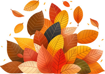 Wall Mural - Autumn leaves illustration with red, yellow, and brown colors isolated on transparent background.