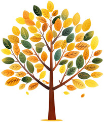 Wall Mural - A single tree with yellow and green leaves in autumn isolated on transparent background.