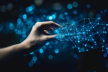 Poster - Human and robotic hands reach across glowing data streams in a symbolic connection