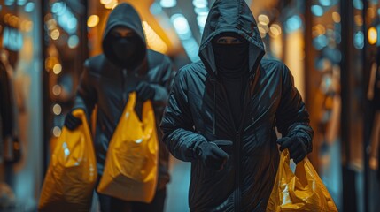 Two hooded individuals run with bags in the streets.