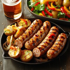 Canvas Print - Delicious Grilled Sausages with Vegetables and Beer, Perfect for a Summer BBQ or Casual Dining Experience with Fresh Ingredients