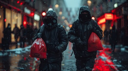 Two hooded individuals run with bags in the streets.