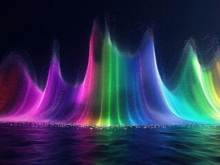 Wall Mural - Stunning, vibrant, and colorful water fountains with evening light effects creating a majestic rainbow display on a dark watery background