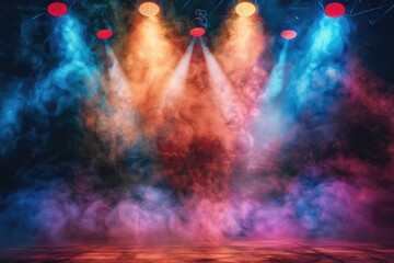 Wall Mural - A darkened stage lit by powerful spotlights, surrounded by thick smoke creating an intense atmosphere