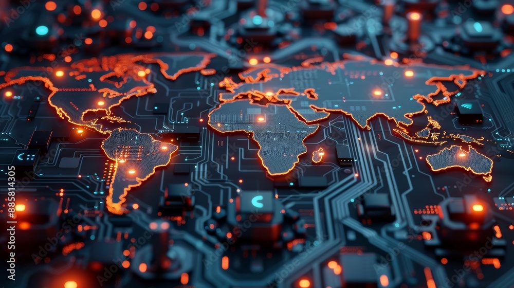Global Connectivity Futuristic World Map on Glowing Circuit Board Canon ...
