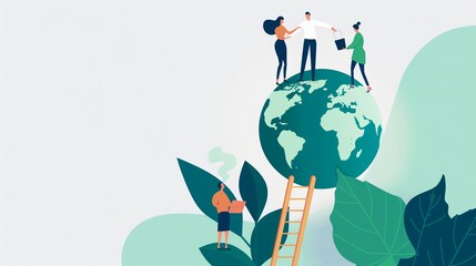 Sustainable job market, highlighting employment sources in the eco-sector, workers participating in environmentally friendly projects and initiatives, flat design illustration